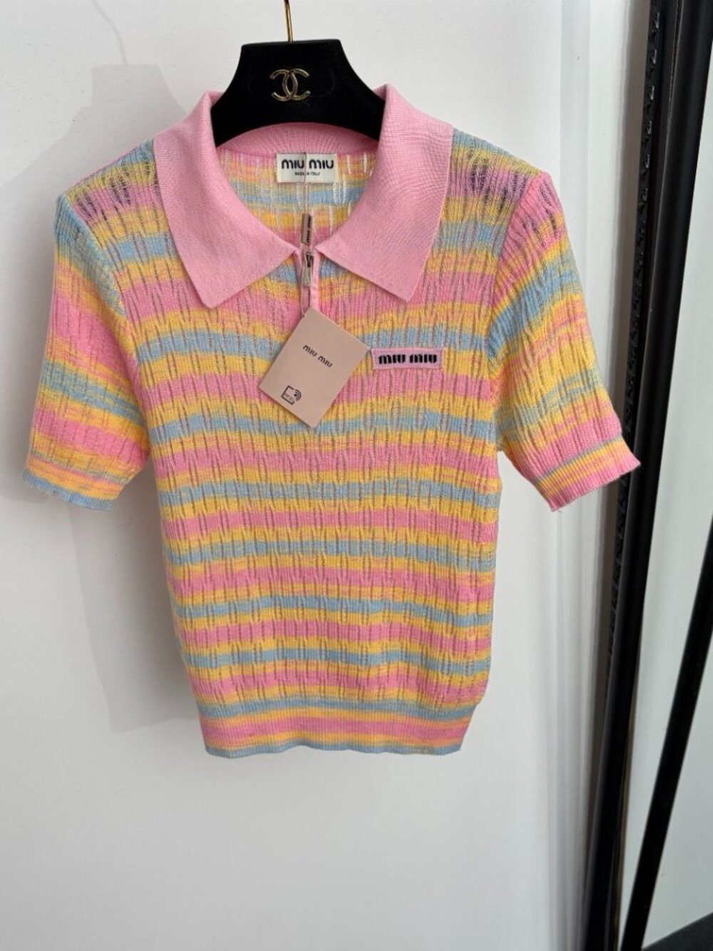 Miu Miu Colorful Striped Zip-Up Collared Short-Sleeve Knit Top